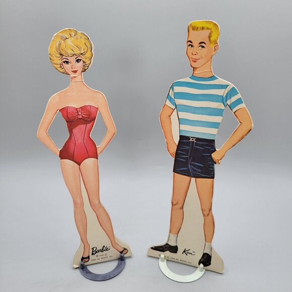 1963 Barbie Ken Stand-Up Paper Dolls Plastic Stands Clothes Whitman - Picture 3 of 12